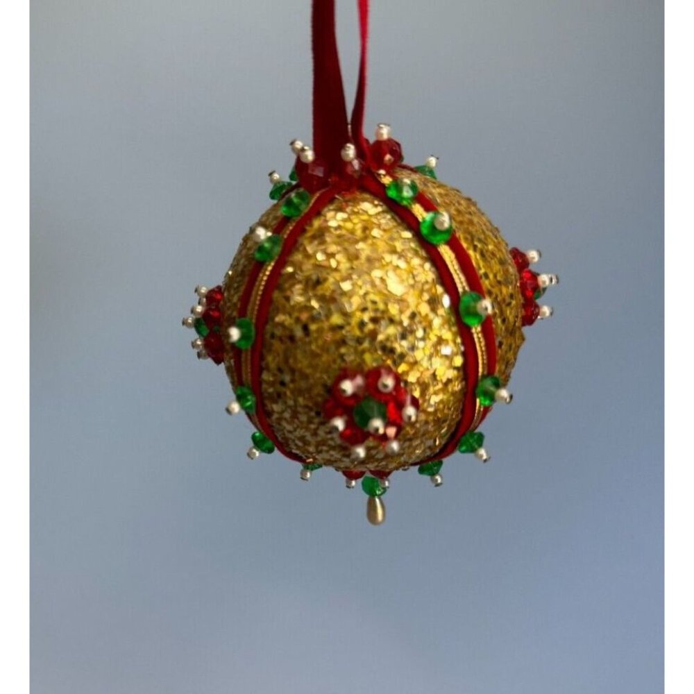 Vintage Gold Glittered Jeweled Handcrafted Ornament C1970's - Picture 4 of 4